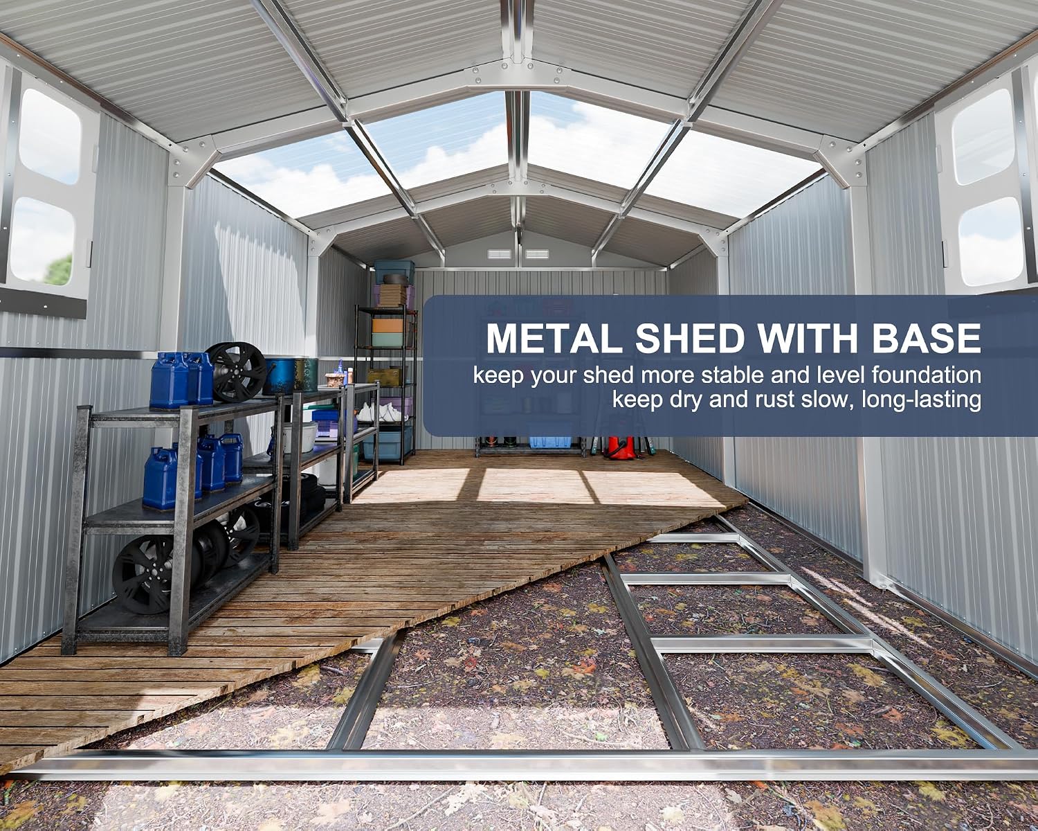 10x16 FT Metal Outdoor Storage Shed with Unique Floor Base Clear Roof Lockable Door Windows Vents,Waterproof Heavy Duty Reinforced Frame Sheds for Yard Store Bikes Large Lawnmower,Dark Grey