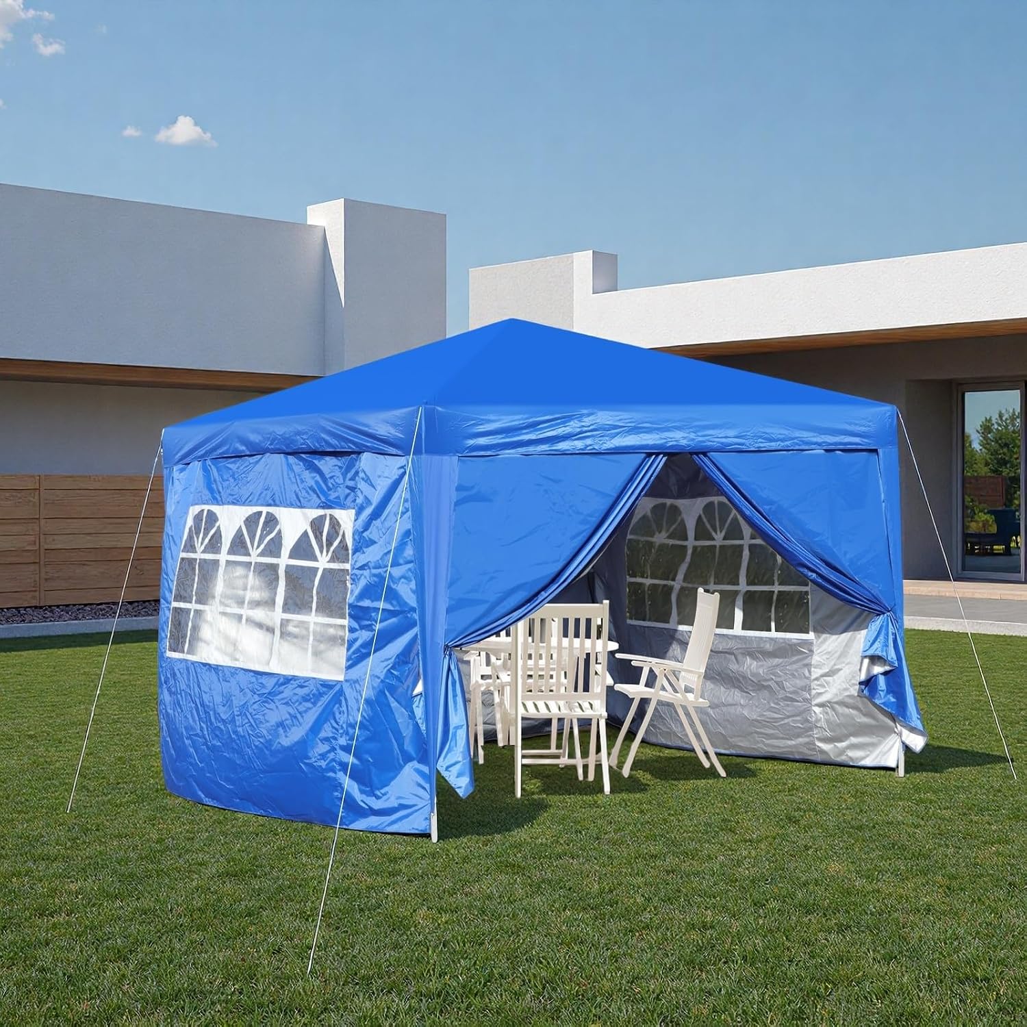 10x10FT Canopy Tent, Outdoor Gazebo Pop up Canopy with 4 Removable Sidewalls & 2 Windows, Patio Camping Shade Canopy with 4 PCS Weight Sand Bag & Carry Bag, Ideal for Parties Events, Blue