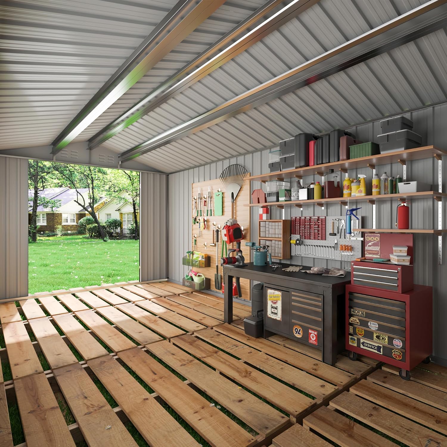 8x8 FT Outdoor Storage Shed, Utility Metal Tool Storage with Lockable Doors and Updated Frame Structure, Large Metal Garden Shed for Backyard, Patio Lawn, Black