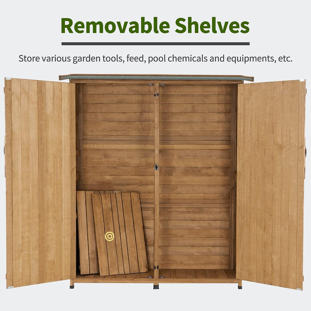 MCombo Outdoor Storage Cabinet with Shelves, Wood Garden Shed with Floor, Outside Tool Shed with 2 Lockable Doors for Yard Patio Lawn, 1400 (Natural)