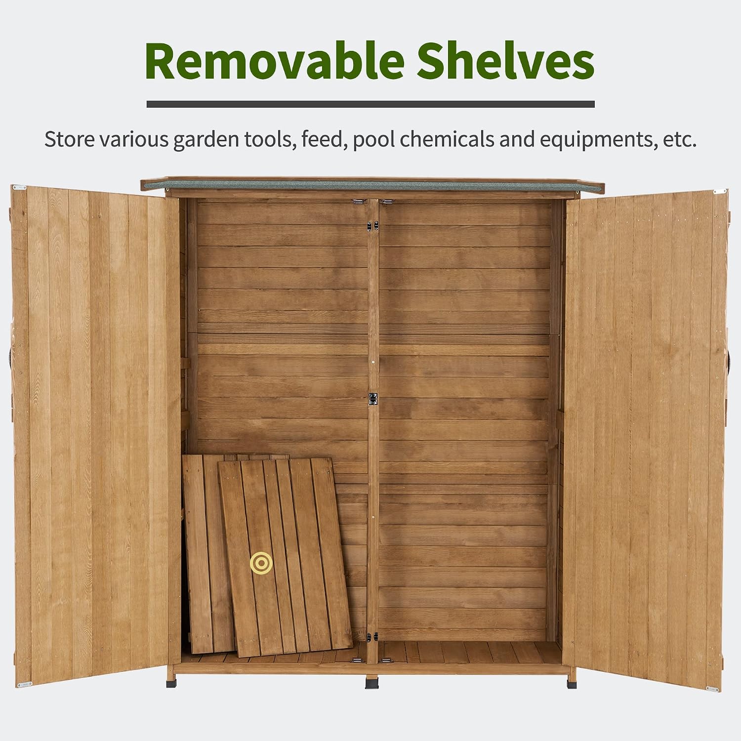 MCombo Outdoor Storage Cabinet with Shelves, Wood Garden Shed with Floor, Outside Tool Shed with 2 Lockable Doors for Yard Patio Lawn, 1400 (Natural)