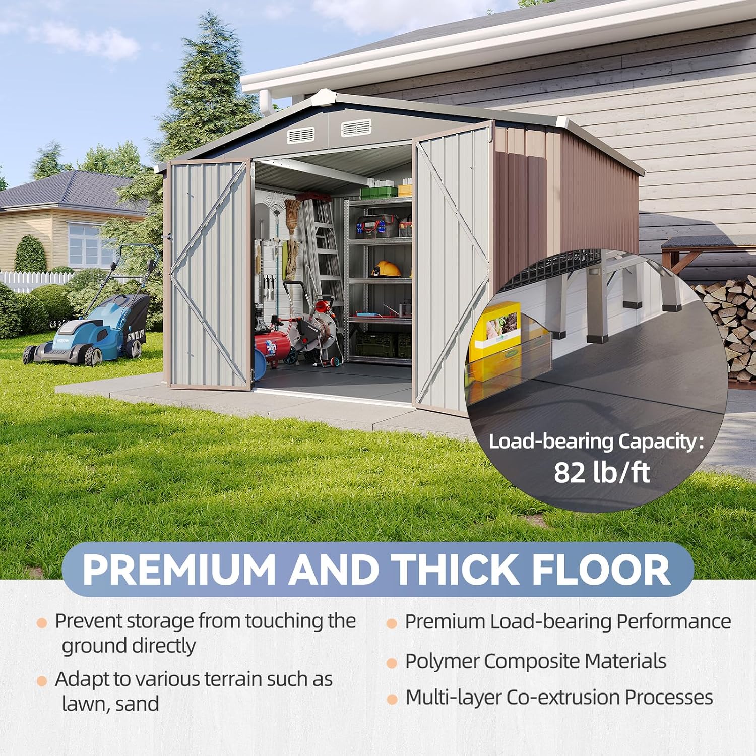 10x8 Galvanized Storage Shed with 15mm Moisture-Proof Floor Heavy Duty Outdoor Storage Shed, Double Doors & Sloped Roof, Ventilation Design for Bike, Generator, Garden Tools (10X8 with Floor)