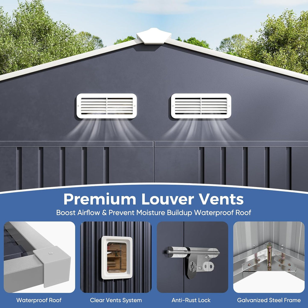 K Knowbody 10x10 FT Metal Shed, Reinforced Frame with Powder Coating, 50 PSF Snow Load & 120 MPH Wind Rated, Outdoor Storage Building with Skylight & Swing Doors