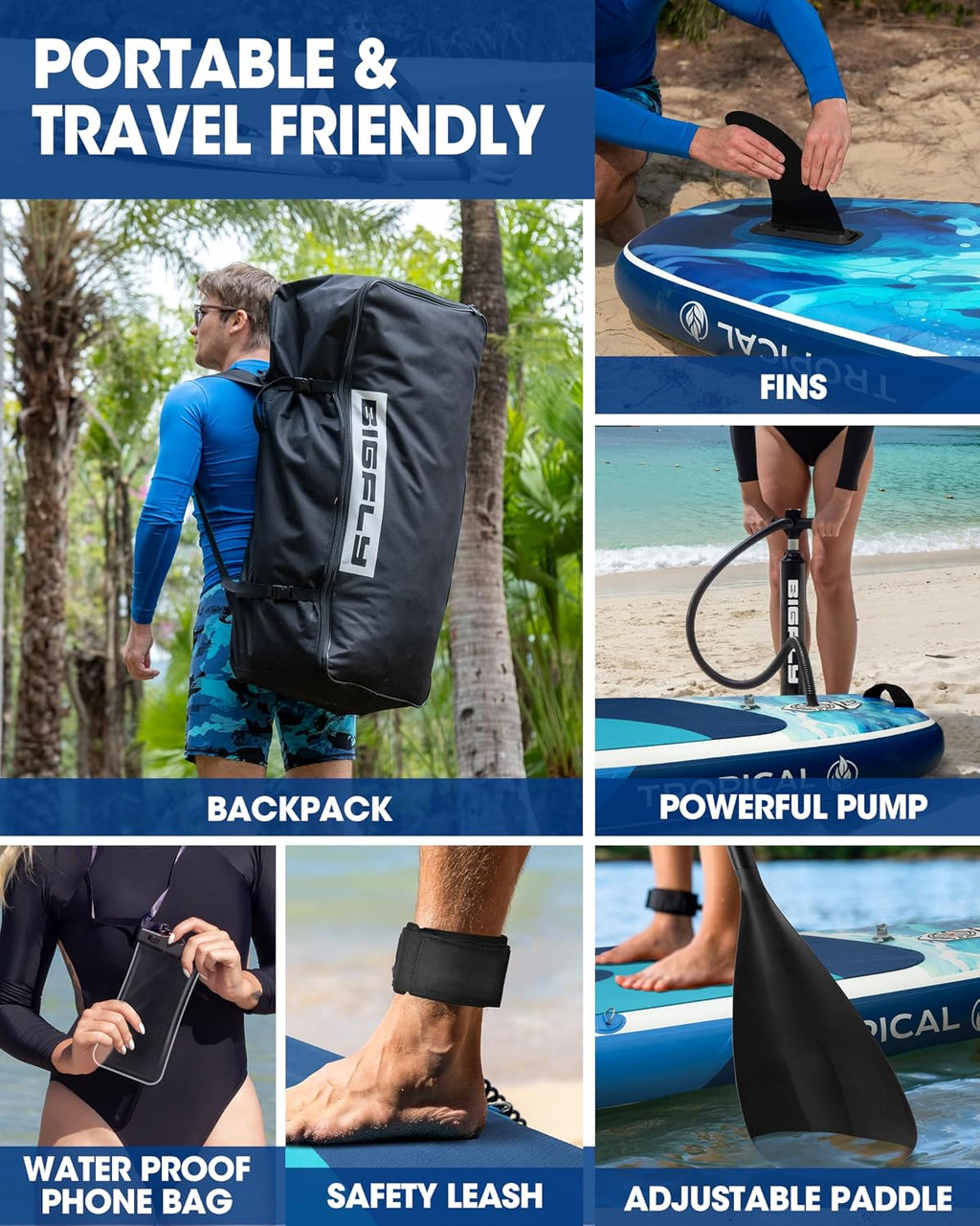 Bigfly Inflatable Stand Up Paddle Board 11'*34'*6', Blow Up Paddle Board for Adults,with Detachable Fins, Pump, Floating Paddle, Safety Leash,Backpack