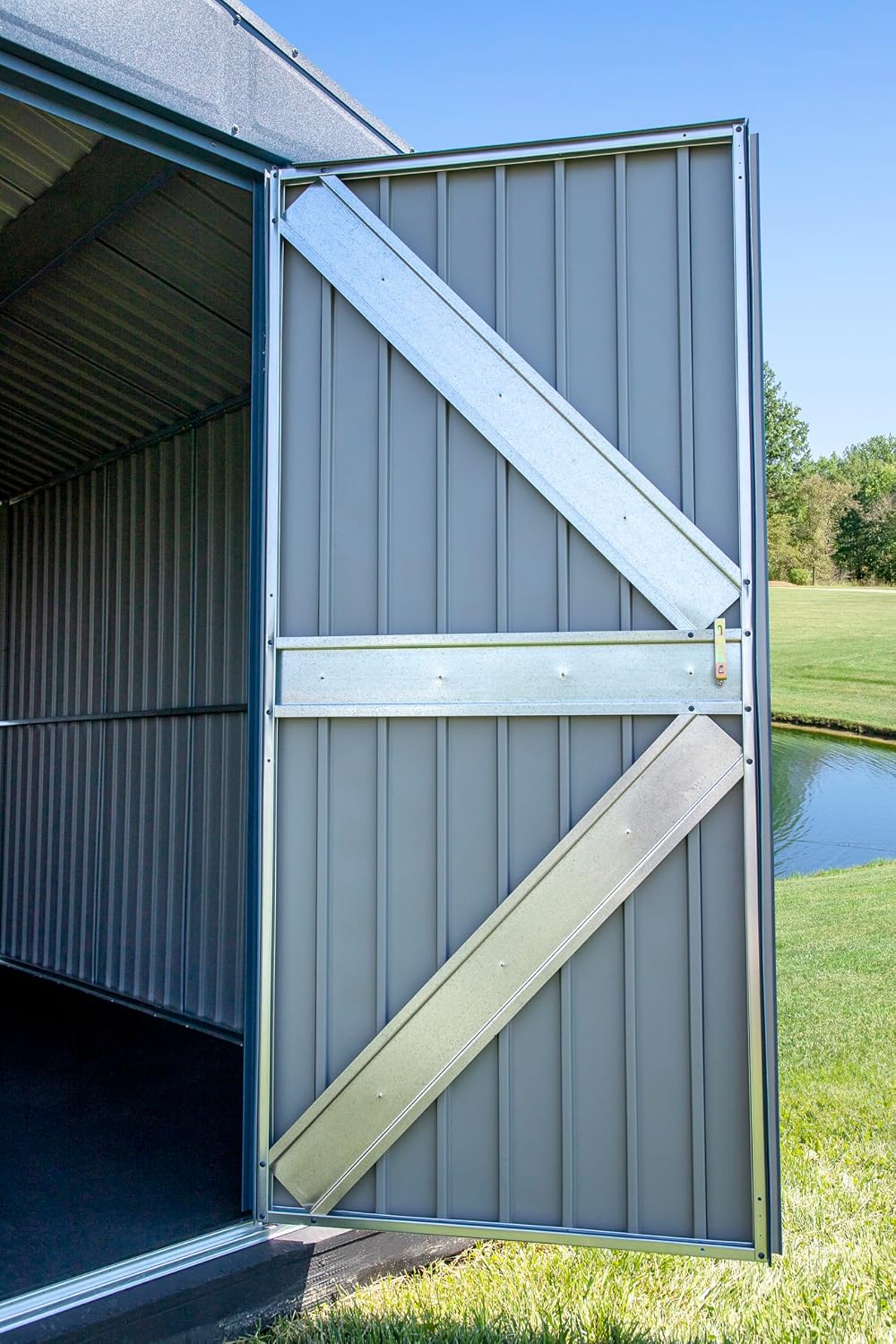 Arrow Shed Elite 14' x 16' Tall Outdoor Steel Storage Shed with High Gable and Lockable Doors Storage Building, Blue Grey
