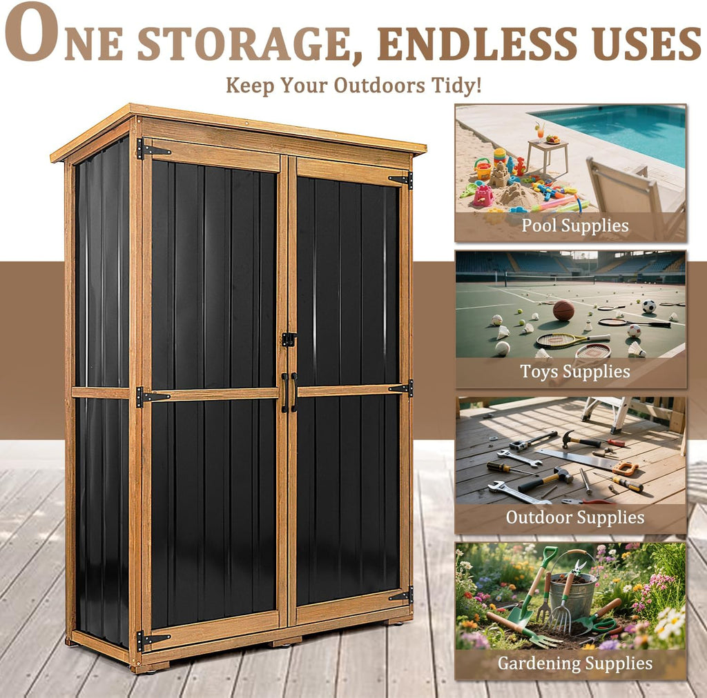 46' L Outdoor Storage Cabinet with Shelves, Wood & Metal Storage Shed with Waterproof Roof, Outside Storage Cabinet Weather-Resistant for Garage Patio Backyard Garden