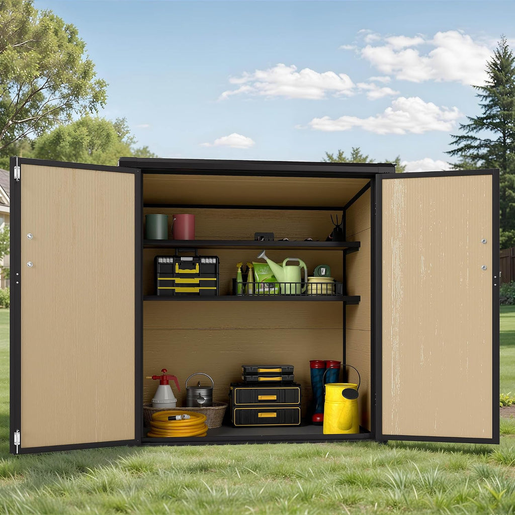 Outdoor Storage Shed with Adjustable Shelf, 54 Cu Ft Waterproof Vertical Resin Garden Tool Shed with Lockable Door & Sloping Roof, Plastic Tall Tool Cabinet for Backyard Garden Patio Lawn, Brown