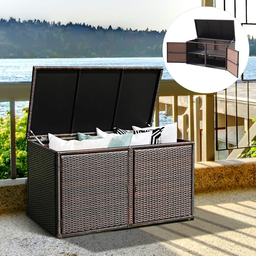 HAPPYGRILL Deck Box Outdoor Wicker Storage Box Cabinet 73 Gallon Storage Container Bin Box for Furniture Tools in Garden Balcony Porch Yard