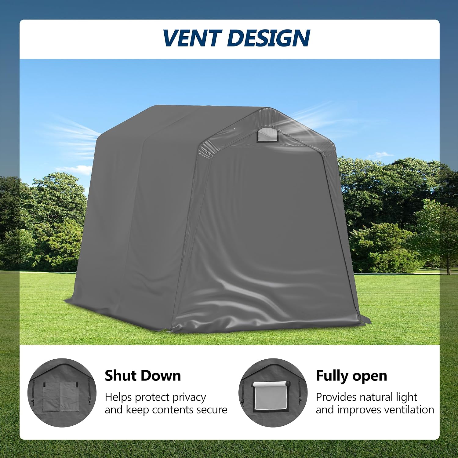 COVERONICS 7' x 12' Outdoor Storage Shed - Heavy Duty Portable Shelter Carport with Ventilation Windows and Roll-up Doors, Storage Shelter Tent for Motorcycle, Bike, Lawnmower and Garden Tools, Grey