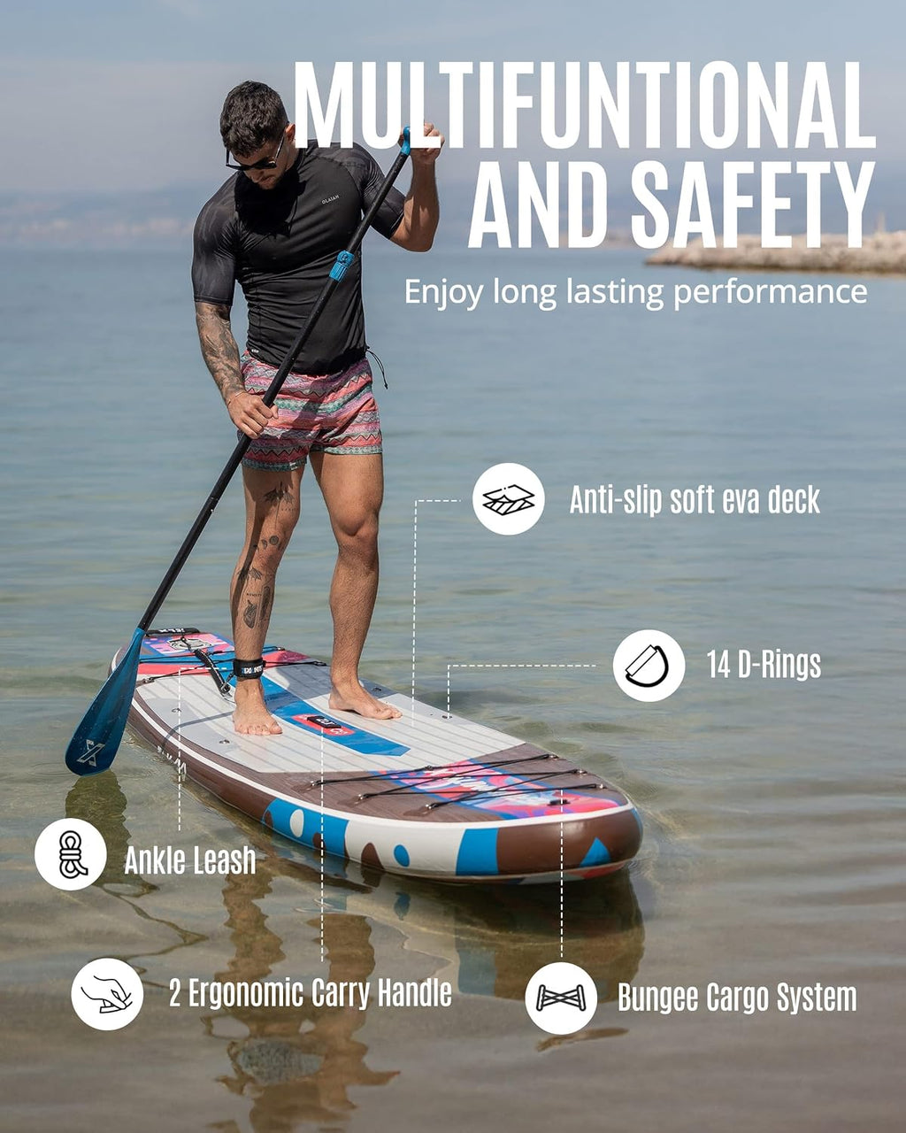 ZLX Inflatable Stand Up Paddle Board, 10'6' SUP Non-Slip Stable Deck Pad, Unique Center Fin, Premium Accessories, Paddleboard for Adults, Beginners, All Skill Levels