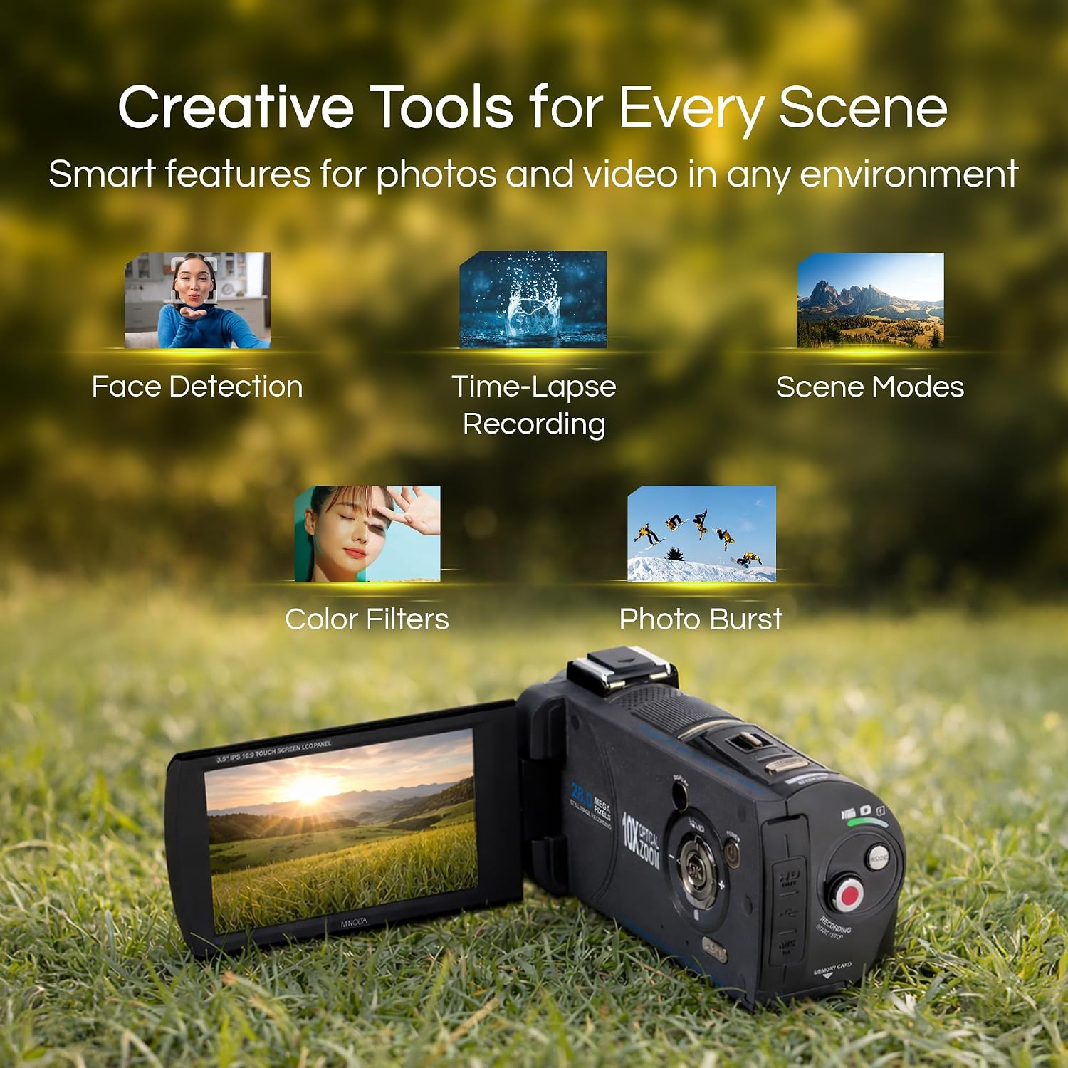Minolta 4K Ultra HD Camcorder with 3.5-inch Touchscreen – 10x Optical Zoom, 28MP Photos, Digital Stabilizer, Accessory Shoe Mount, Time Lapse, Face Detection, 32GB Card, Remote Control (Black)