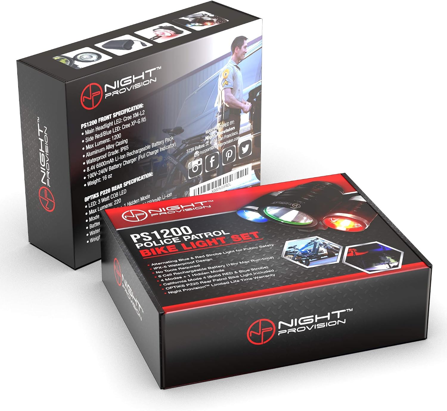 PS1200 Police Patrol Bike Light Set - Red/Blue Strobe LED - Rechargeable 18 Hr Max - Water Proof - 5 Modes - Heavy Duty Bicycle Lights for Professional Use