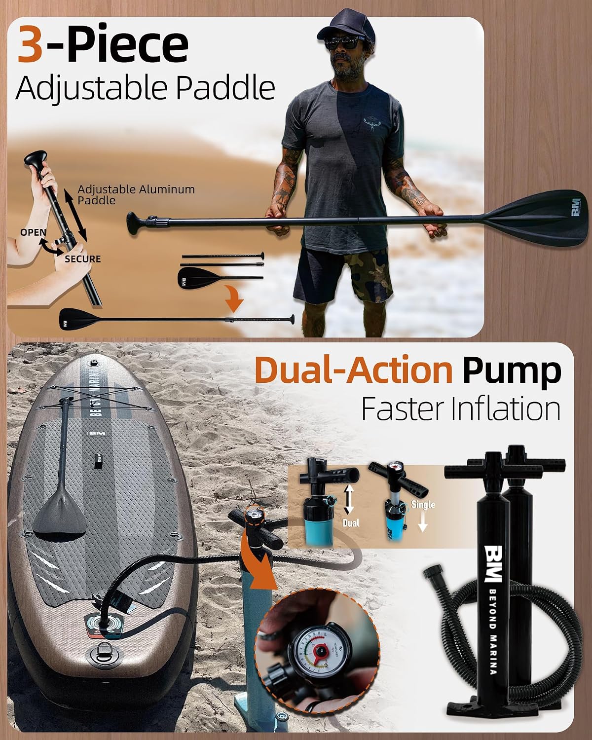 BM Paddle Board Inflatable Stand Up Paddle Board, SUP Paddleboard for Adult, Premium Accessories | Non-Slip EVA Deck & Foam Handles, Camera Mount, Double Action Pump, 85L Travel Backpack