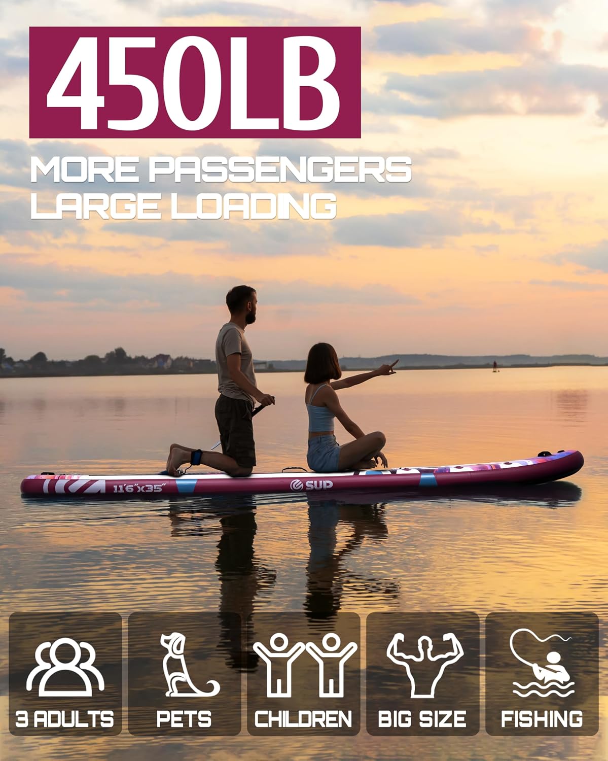 ESUP 11'6 ×34/35' Super Wide Inflatable Paddle Board with SUP Accessories, Extra Stable Stand Up Paddleboards for 2+1 Persons/Family/Beginner/Yoga, w/Shoulder Strap All-Round Sup Board