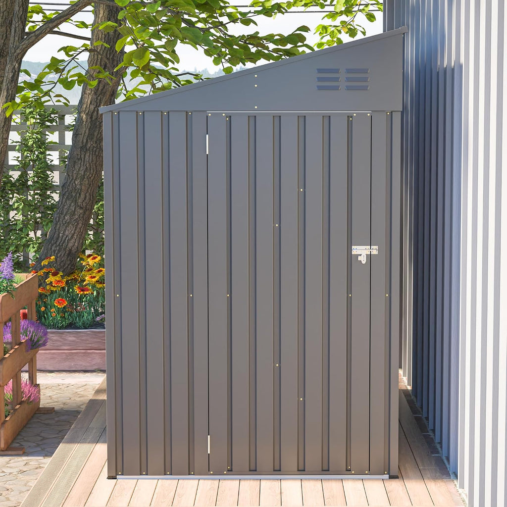 4×7 Ft Lean to Shed, Small Metal Outdoor Storage Shed, 0.25mm Galvanized Steel Metal Garden Tool Shed Waterproof with Lockable Door for Backyard, Patio, Garden, Grey