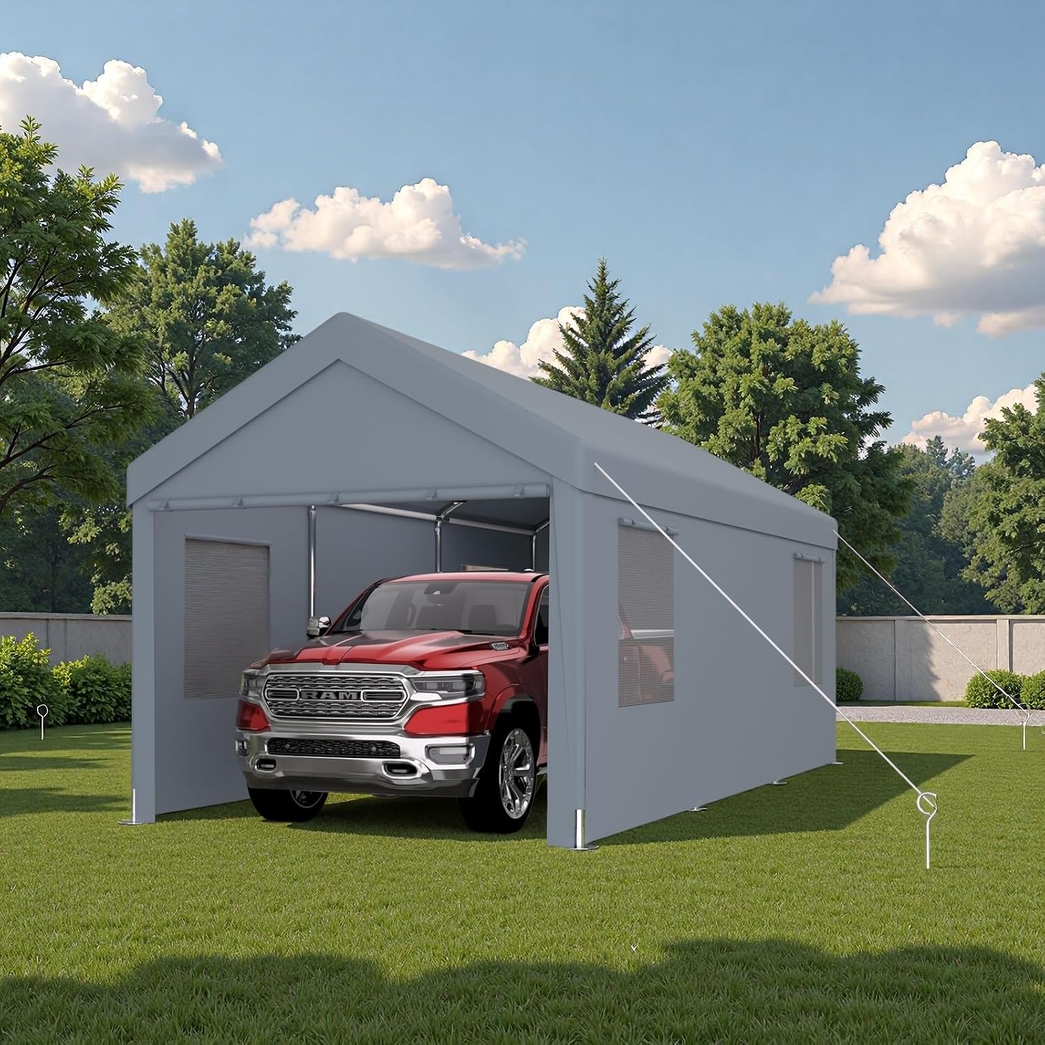12x20FT Canopy, Outdoor Portable Garage with 2 Roll-Up Doors & 4 Ventilated Windows, Patio Camping Heavy Duty Car Port Canopy with PE Cover, Ground Pegs & Steel Cables, Easy Assembly, Grey