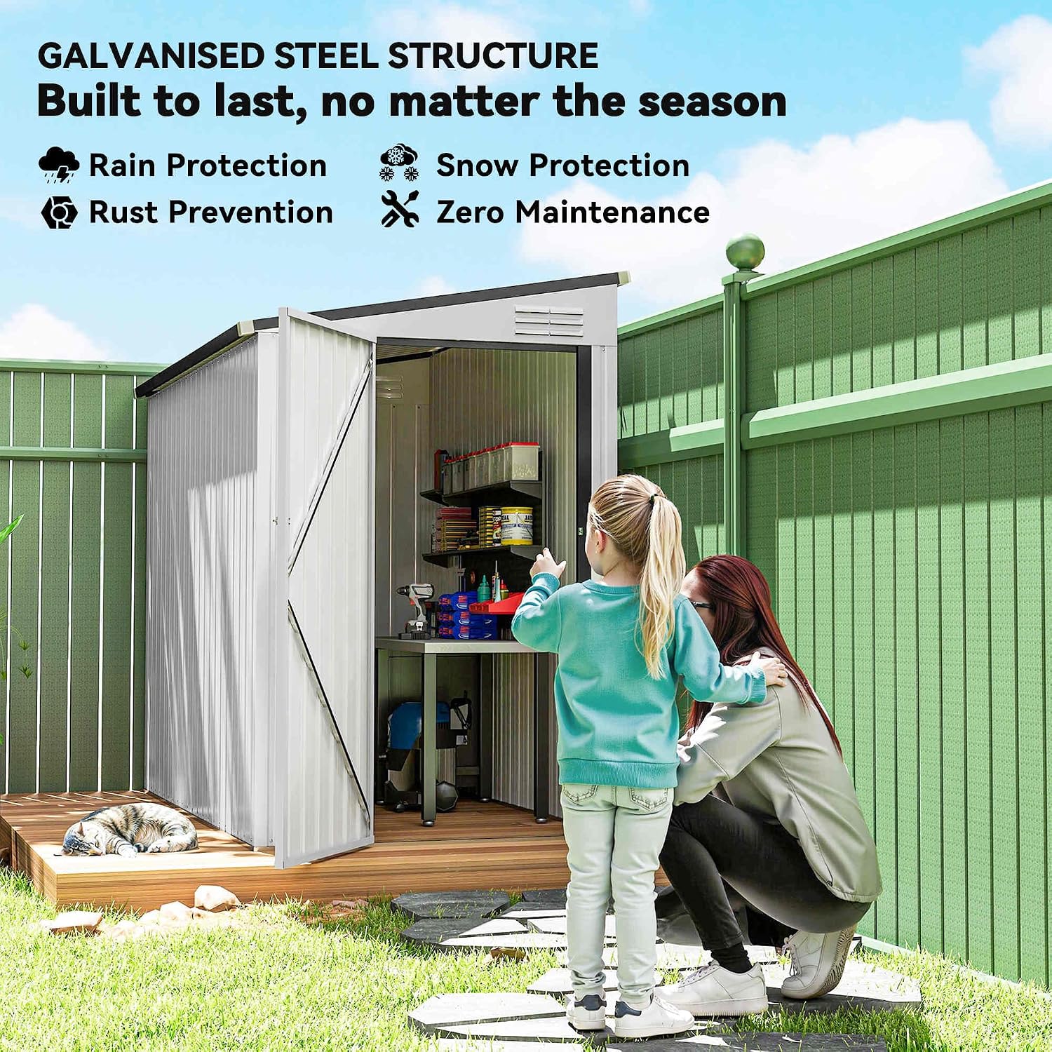 Outsunny 4' x 7.7' Metal Outdoor Storage Shed, Lean to Storage Shed, Garden Tool Storage House with Lockable Door and 2 Air Vents for Backyard, Patio, Lawn, White