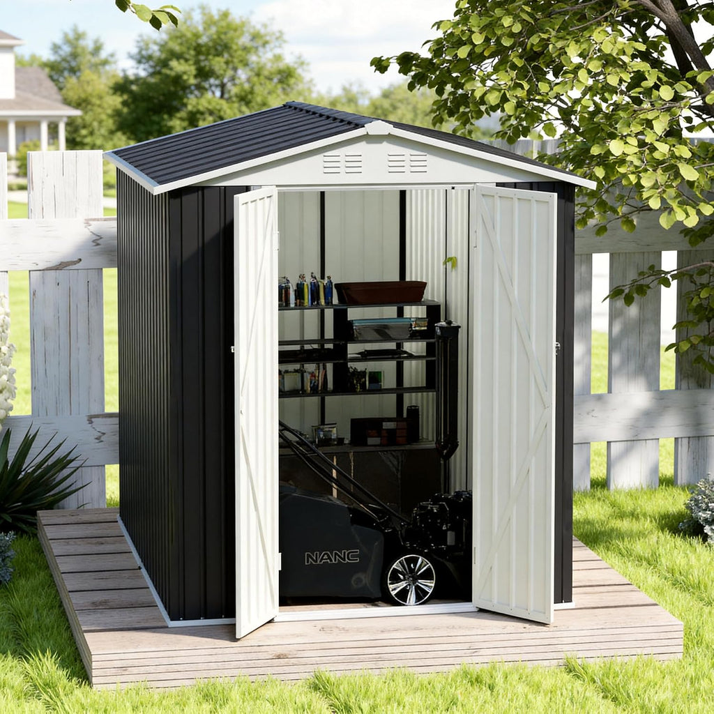 6x9FT Metal Storage Shed, Garden Tool Shed with Lockable Double Door & Sloping Roof, Outdoor Backyard Storage（Grey）