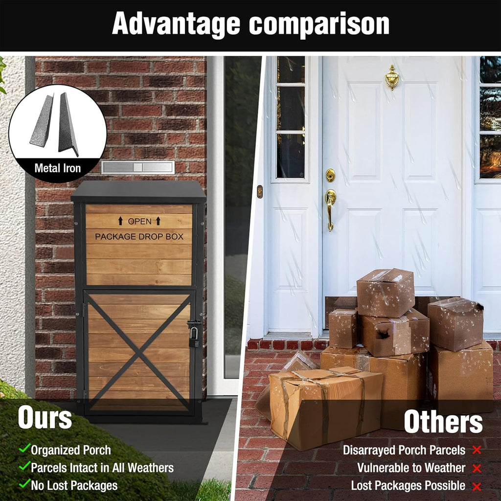 Package Delivery Box with Anti-Theft Lock & Weatherproof Design - 40+ Gallon Large Outdoor Parcel Drop Box for Porch, Metal/Wood Frame for UPS/FedEx Deliveries
