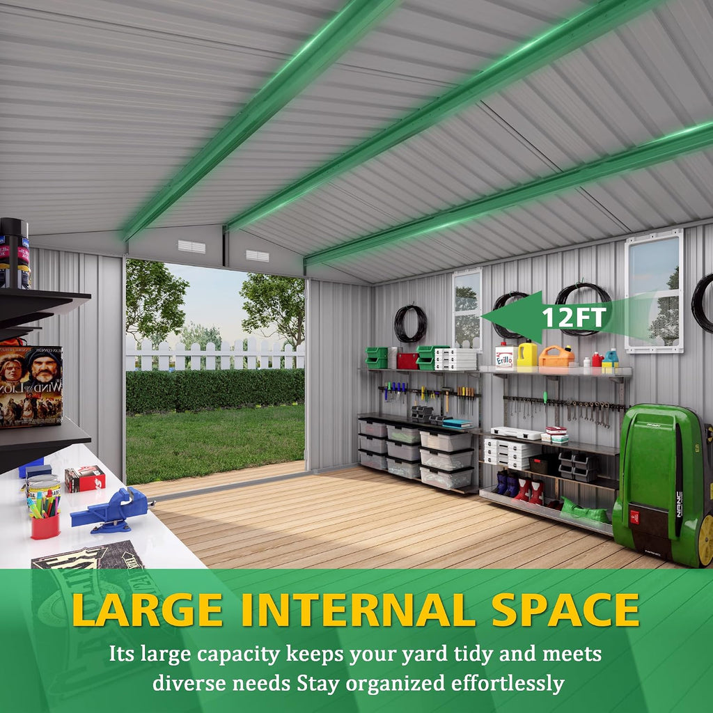 10x12 FT Outdoor Storage Shed, Large Metal Garden Shed with 2 Windows, Outside Tool Sheds with Lockable Hinged Doors, Waterproof Storage Building with 4 Air Vents for Backyard, Patio, Lawn, Gray