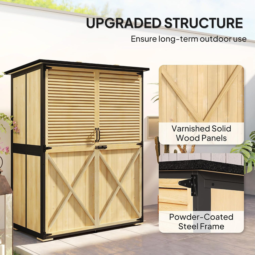 Outsunny Outdoor Storage Cabinet, Wood Garden Tool Shed with Lock, Steel Frame and Asphalt Roof, Garden Storage Shed with Adjustable Shelves and Feet for Patio Backyard Lawn, Natural