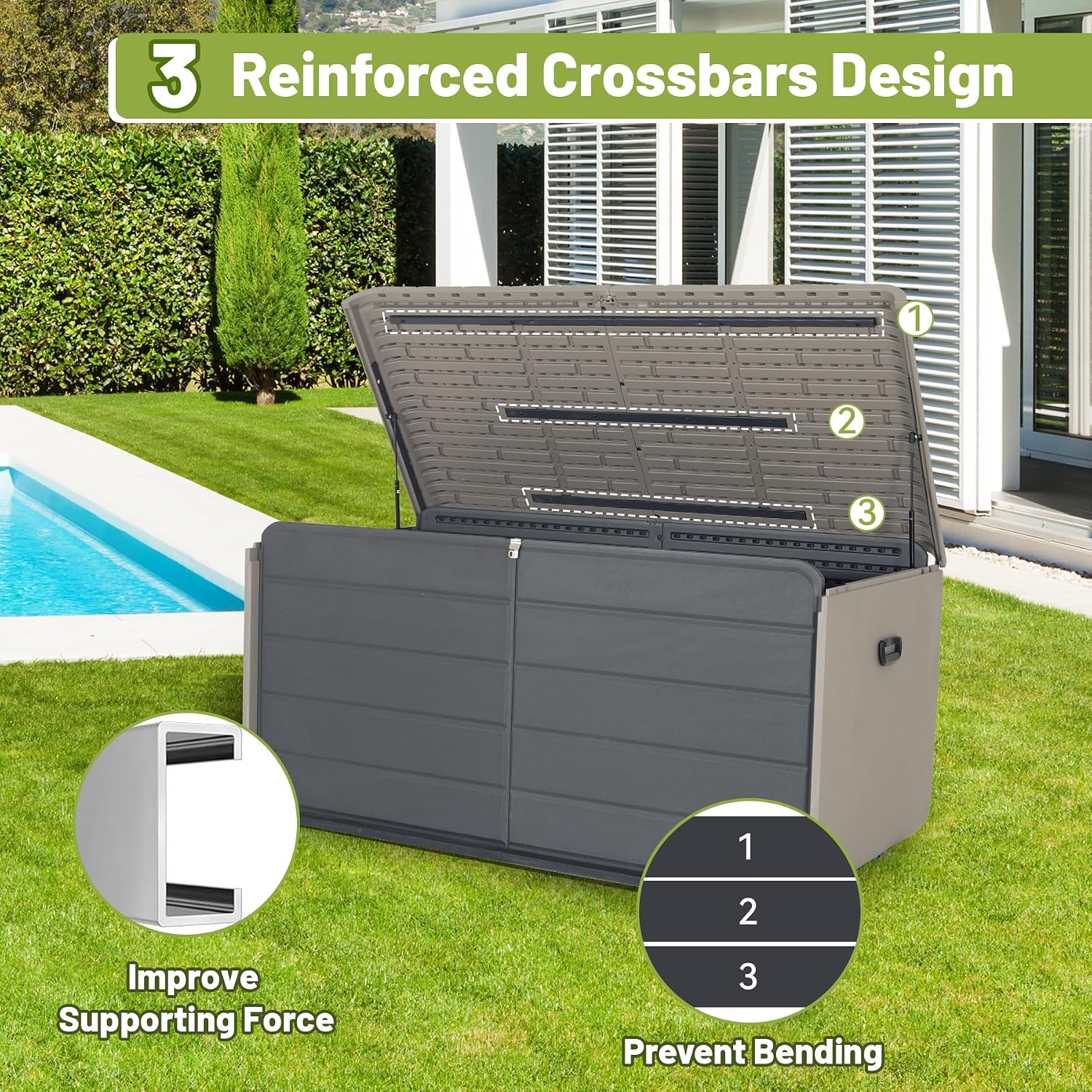 KUIKUI Deck Boxes Outdoor Waterproof, Large Outdoor Deck Box with Wheels Waterproof, 260 Gallon XXL Storage Box Lockable, Grey