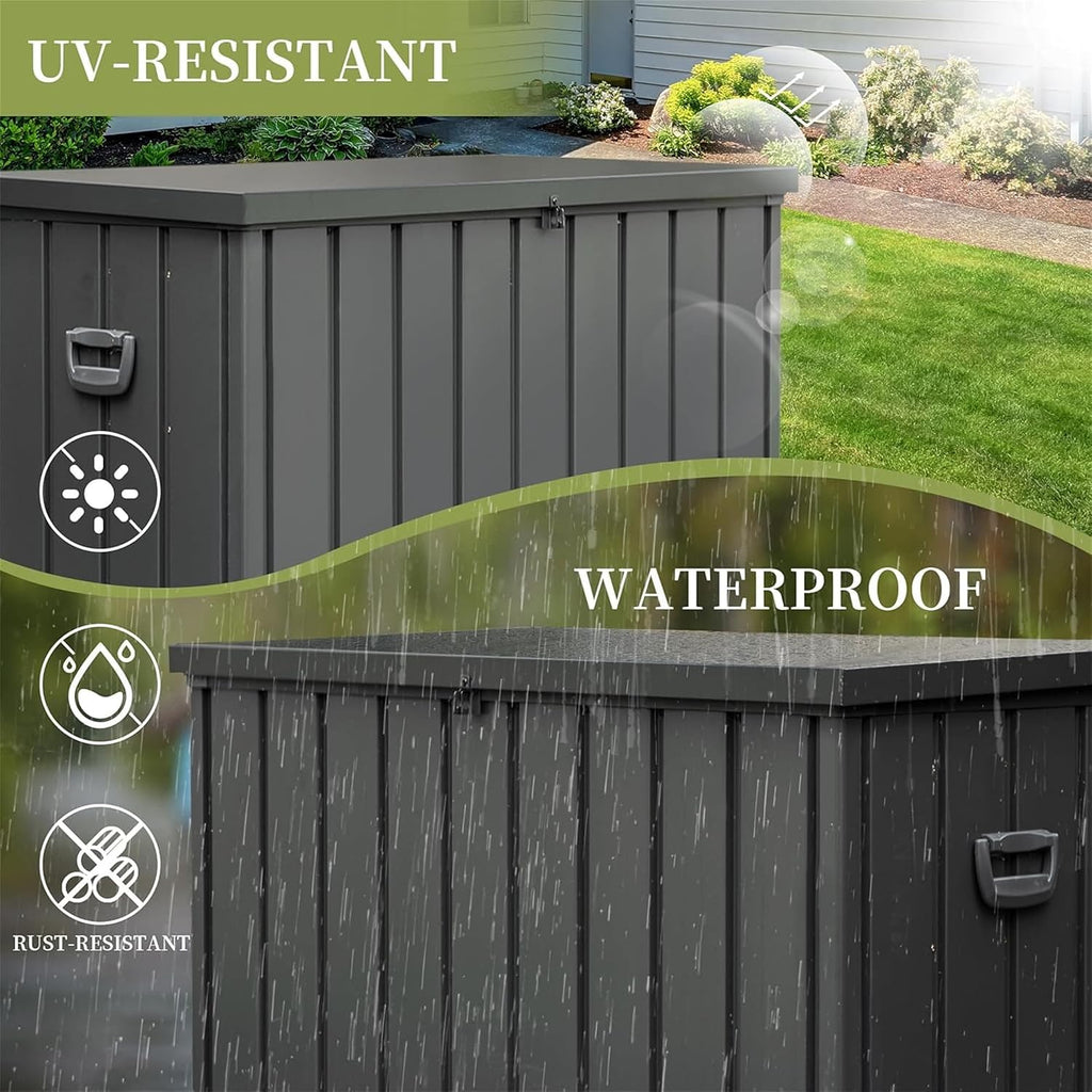 KUIKUI 200 Gallon Deck Box Waterproof, 200 Gallon Outdoor Storage Box, Metal Deck Box Waterproof for Pool Patio Cushions and Sports Pools Equipment, Dark Gray