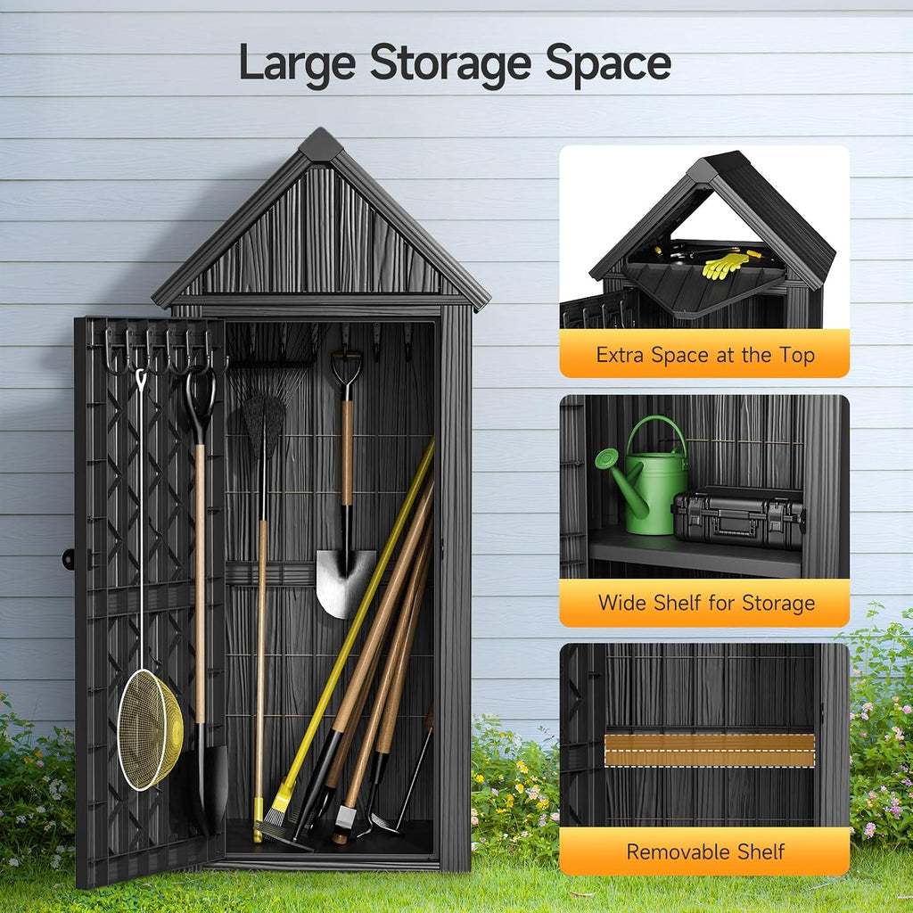 ONBRILL Multifunctional Storage Shed, Outdoor Storage Cabinet with Hooks and Lock Ring, Waterproof Outdoor Storage Shed for All Weather, Tool Outdoor Shed for Patio Lawn and Garden