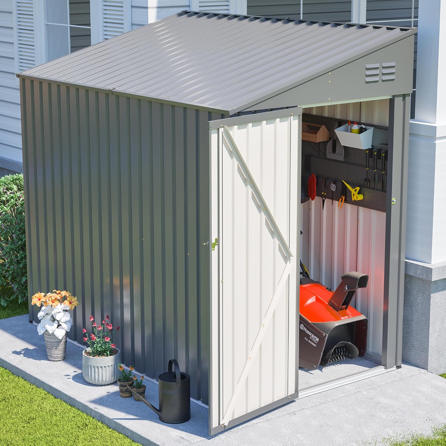 YOPTO 4×7 FT Outdoor Metal Storage Shed,Heavy-Duty Lean to Storage Shed with Lockable Door and Reinforced Beams,All Weather Waterproof Storage House W/2 Air Vents,for Backyard,Patio,Lawn,Dark Gray