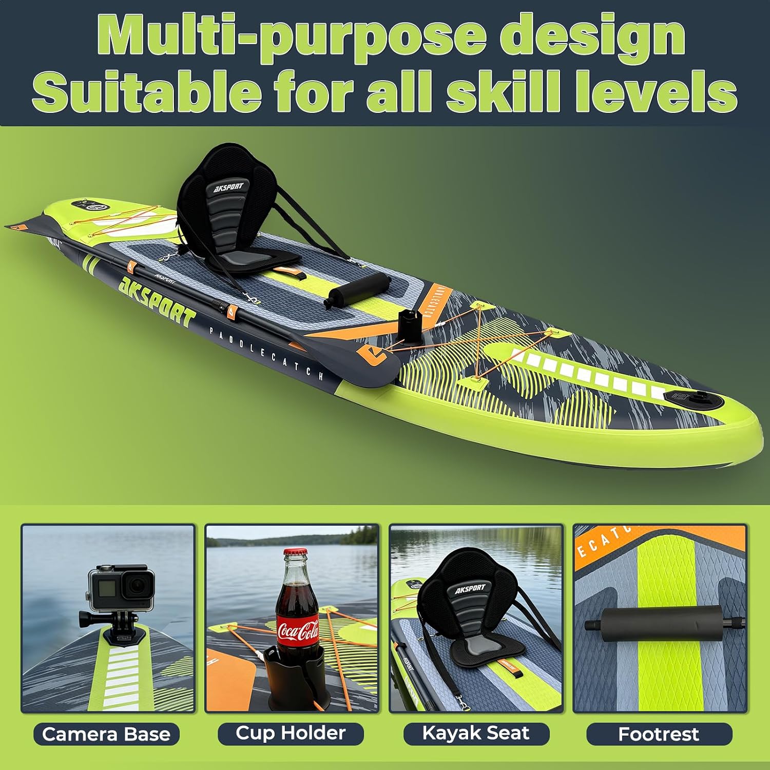 AKSPORT 11' Inflatable Stand-Up Paddle Board with Upgraded SUP Accessories Kit | Extra Wide 34' Design | Non-Slip Deck | Premium SUP Board for Adults & Youth of All Levels