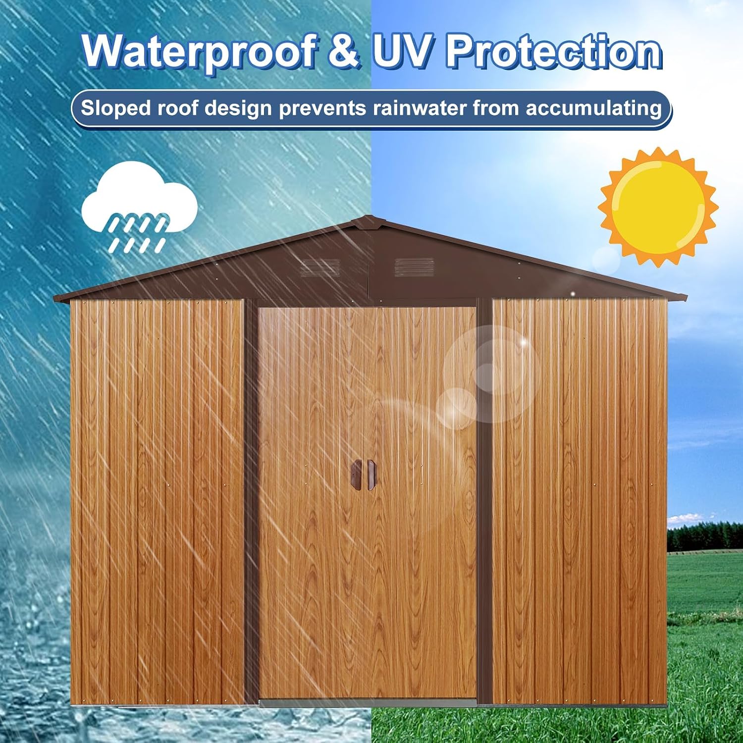 8 x 6 FT Outdoor Storage Shed, Metal Garden Shed with Floor Frame, Tool Shed Outdoor Storage with Lockable Sliding Doors & Air Vents, Storage House Waterproof for Backyard, Lawn, Coffee