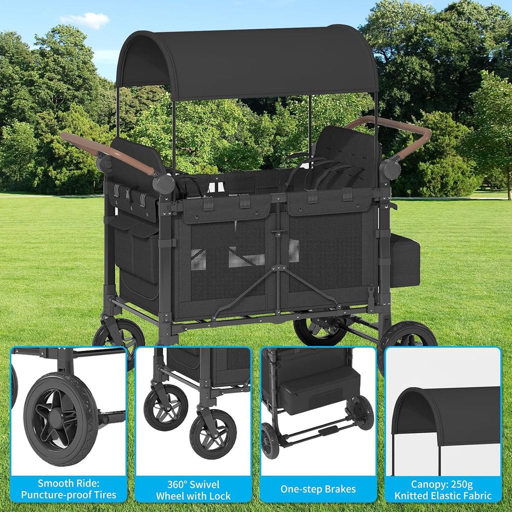 4 Seater Wagon Stroller,Foldable Stroller with Safety Belt, Puncture-Proof Tires, All-Terrain Wagon with 360° Swivel Lockable Wheels, Large Storage Bag, Canopy,51.18 * 31.5 * 43.31 in.