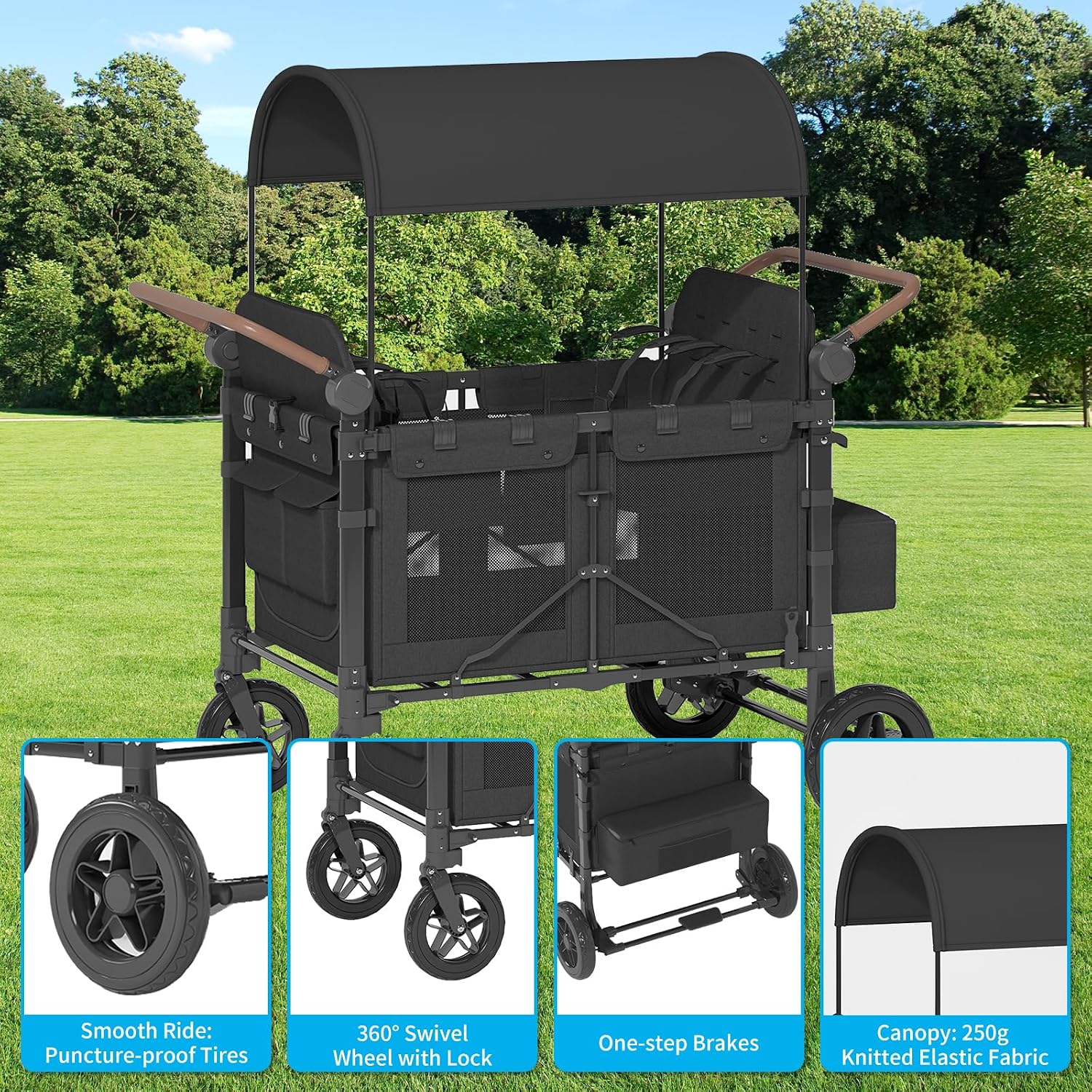 4 Seater Wagon Stroller,Foldable Stroller with Safety Belt, Puncture-Proof Tires, All-Terrain Wagon with 360° Swivel Lockable Wheels, Large Storage Bag, Canopy,51.18 * 31.5 * 43.31 in.
