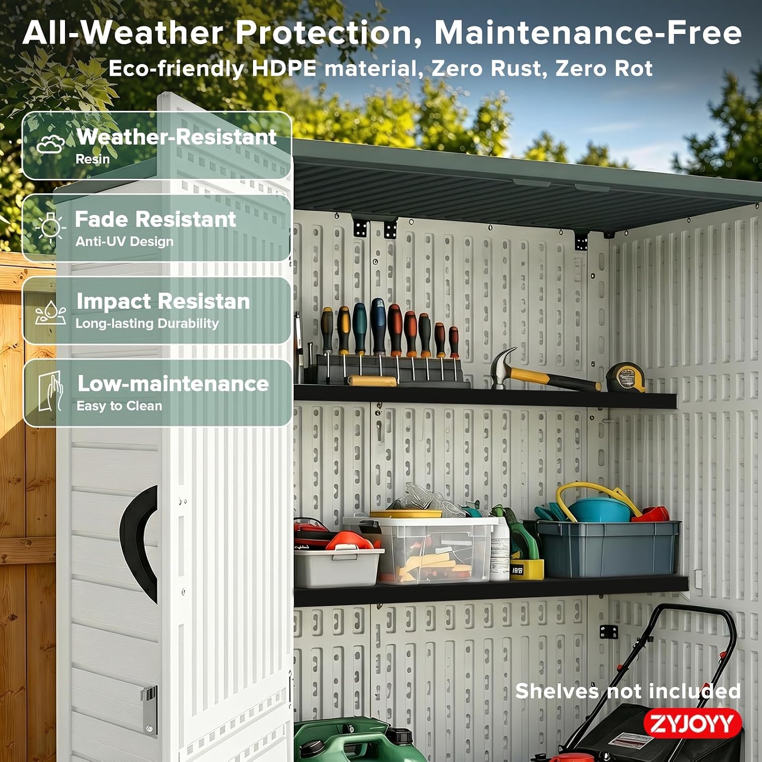 ZYJOYY 4.5 x 5.7 FT Outdoor Storage Shed, 59 Cuft Outside Waterproof Storage Cabinet, HDPE Resin Plastic 385 Gallon Outdoor Storage Container, Vertical Lockable Storage Shed, Light Grey