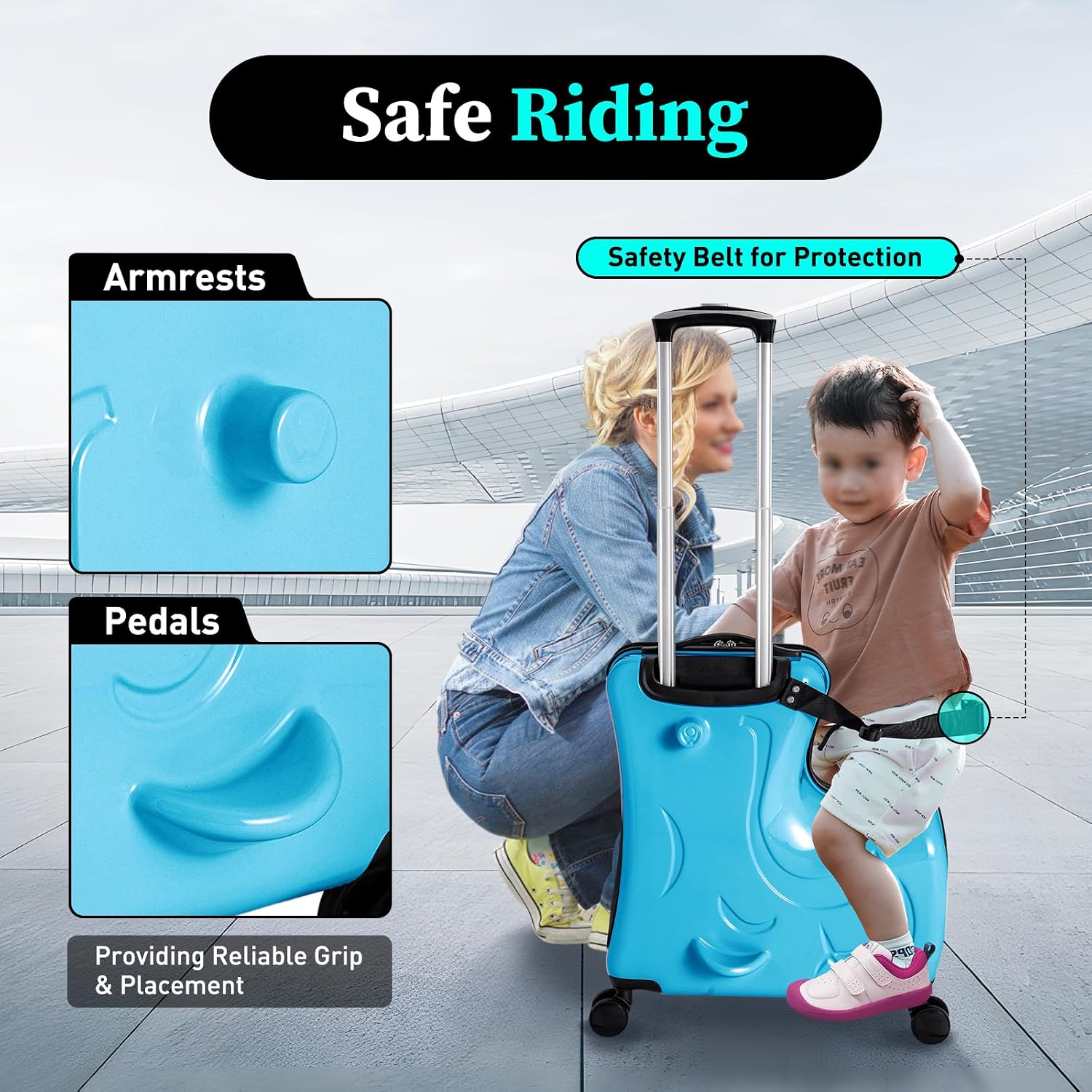 20Inch Kid Ride Suitcase, Kids Travel Suitcase with Lock & Safety Belt, Portable Children's Travel Trolley Case, Ride On Suitcase for Kids Aged 3-6 Years Old