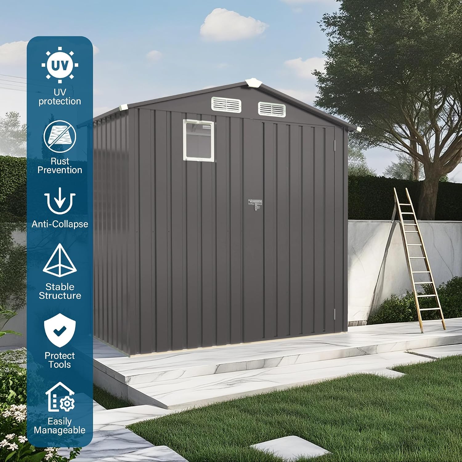 6x3.5 FT Outdoor Storage Shed, Small Metal Garden Shed with Window, Outside Tool Sheds with Lockable Hinged Doors, Waterproof Storage Building with 4 Air Vents for Backyard, Patio, Lawn, Gray
