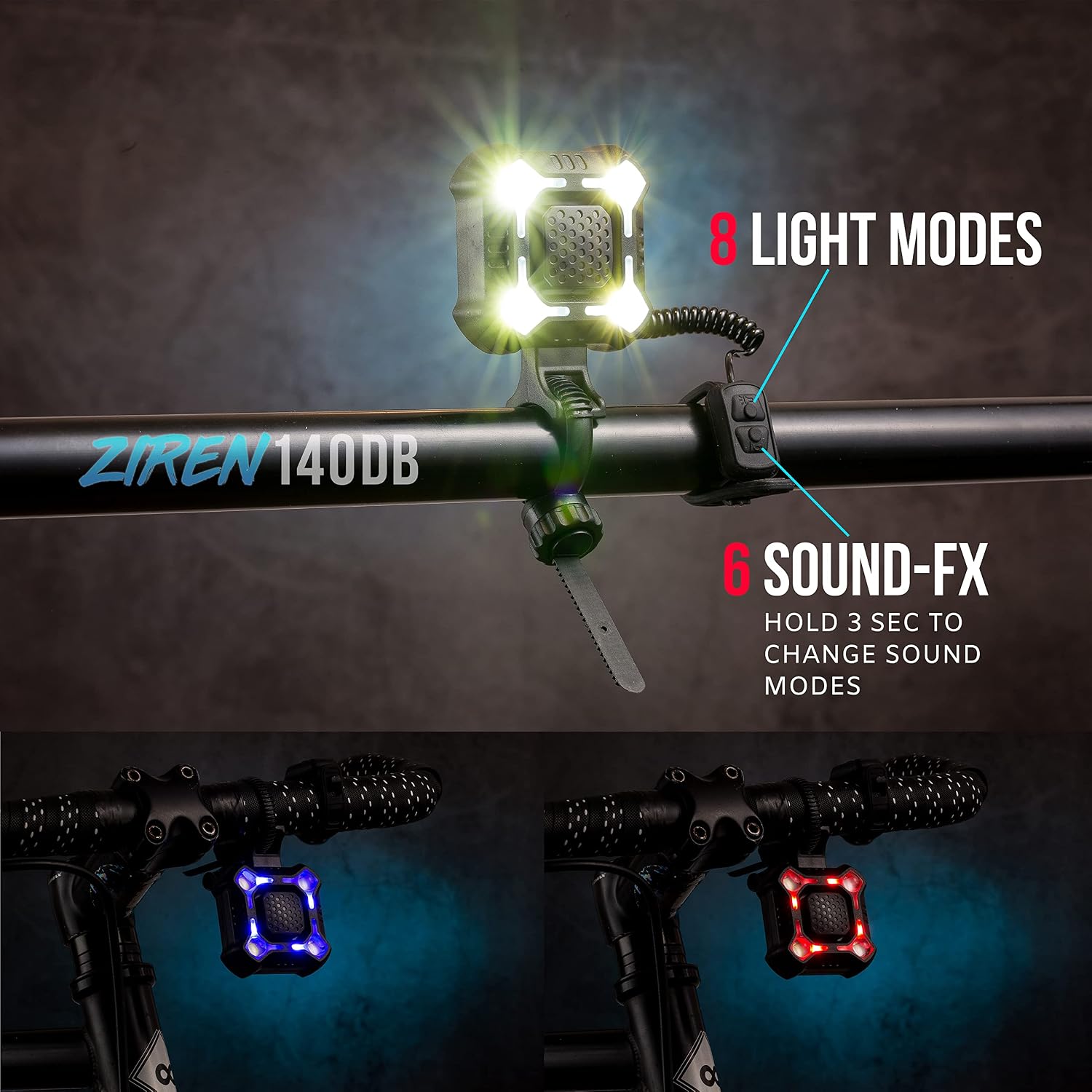 PS1200 Police Patrol Bike Light Set - Red/Blue Strobe LED - Rechargeable 18 Hr Max - Water Proof - 5 Modes - Heavy Duty Bicycle Lights for Professional Use
