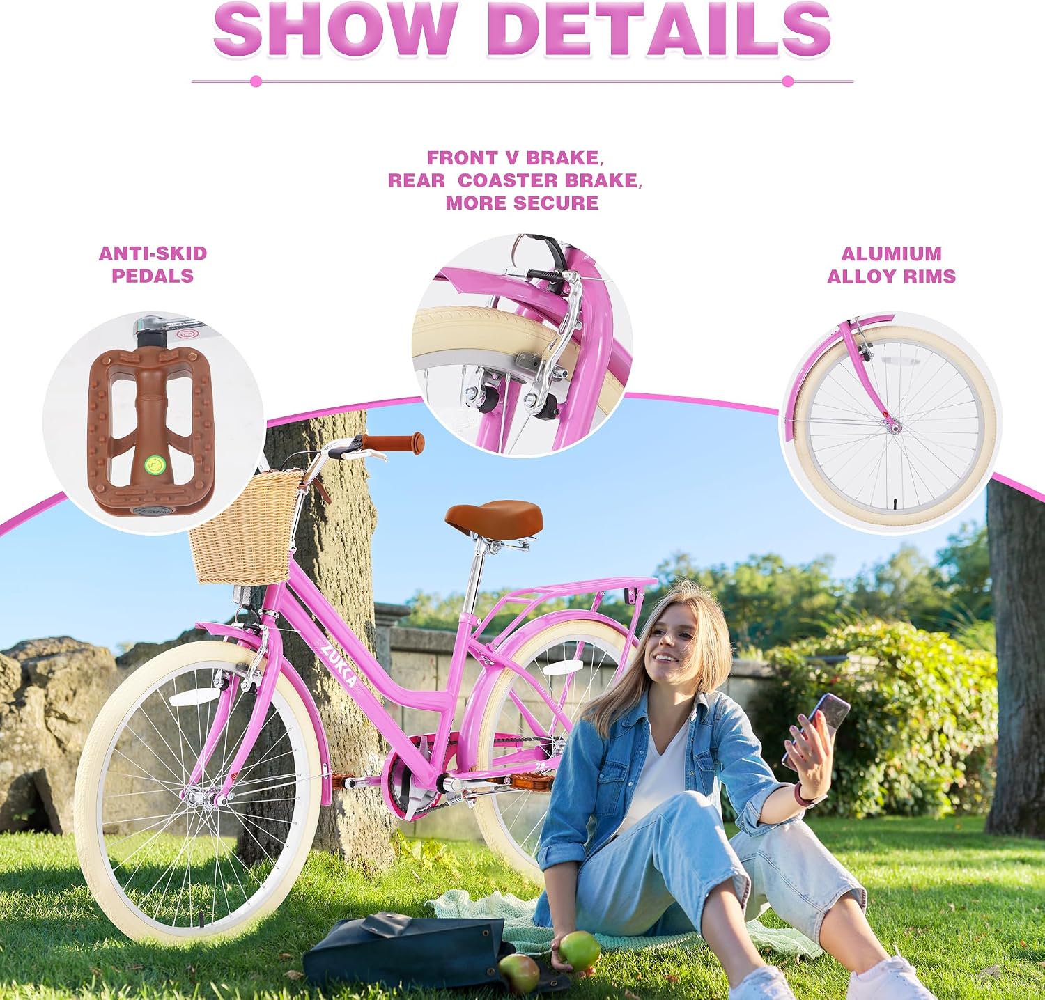 MEGHNA Cruiser Bike 24inch Wheels Girls Women Bike Single Speed Commuter Bike V-Brake and Coast Brake Women Ladys Bicycle, Multicolors