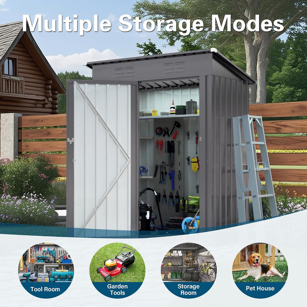 5x3 FT Outdoor Storage Shed, Small Metal Garden Shed with Lockable Hinged Door, Outside Tool Sheds with Sloped Roof & 2 Air Vents, Waterproof Storage Building for Backyard, Patio, Lawn, Gray