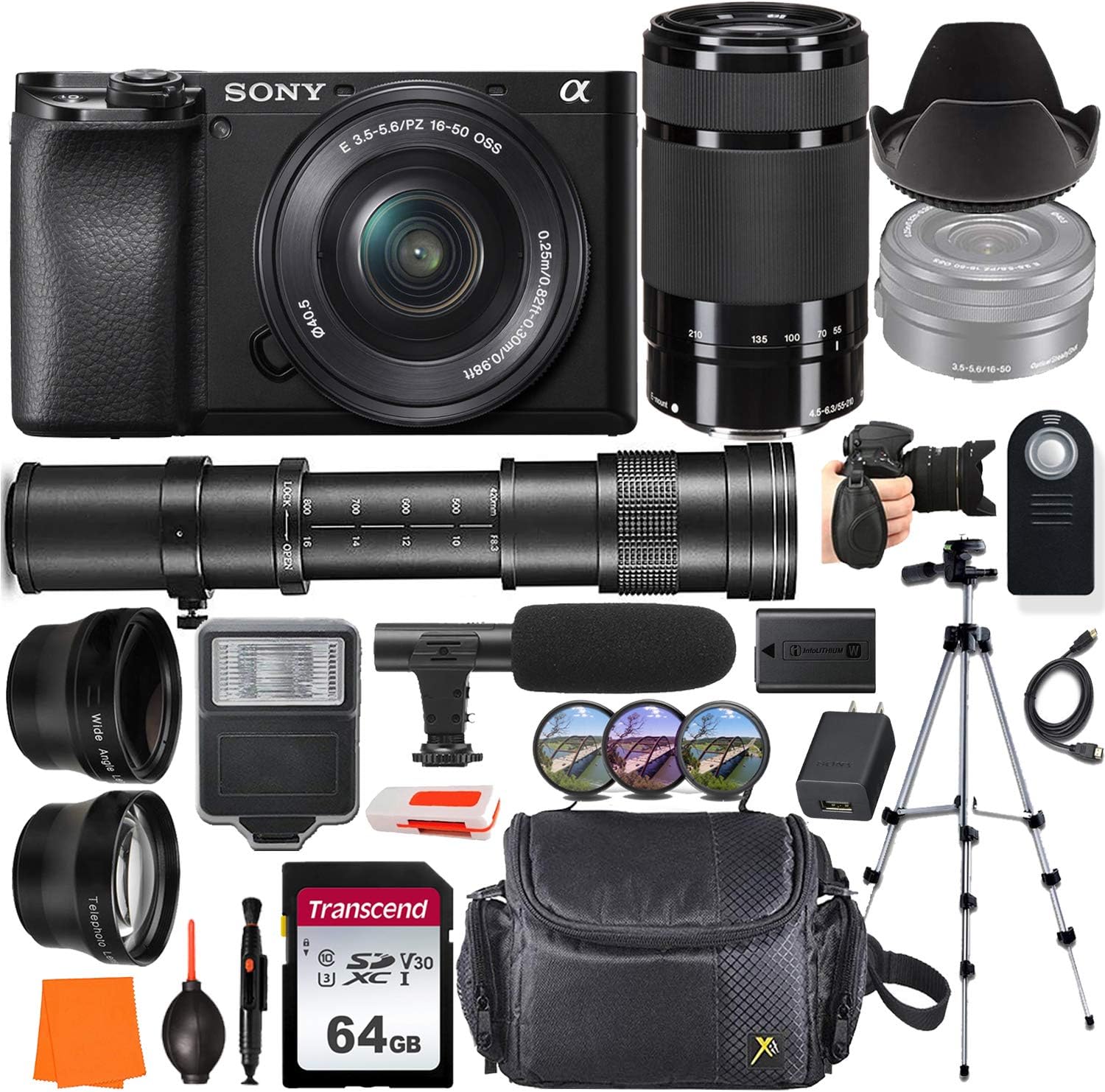 Sony Alpha a6100 Mirrorless Digital Camera with 16-50mm & 55-210mm Lens + 420-800mm Telephoto Lens + Wide-Angle & Telephoto Conversion Lens, 64GB Memory Card, Microphone, Digital Flash & More…