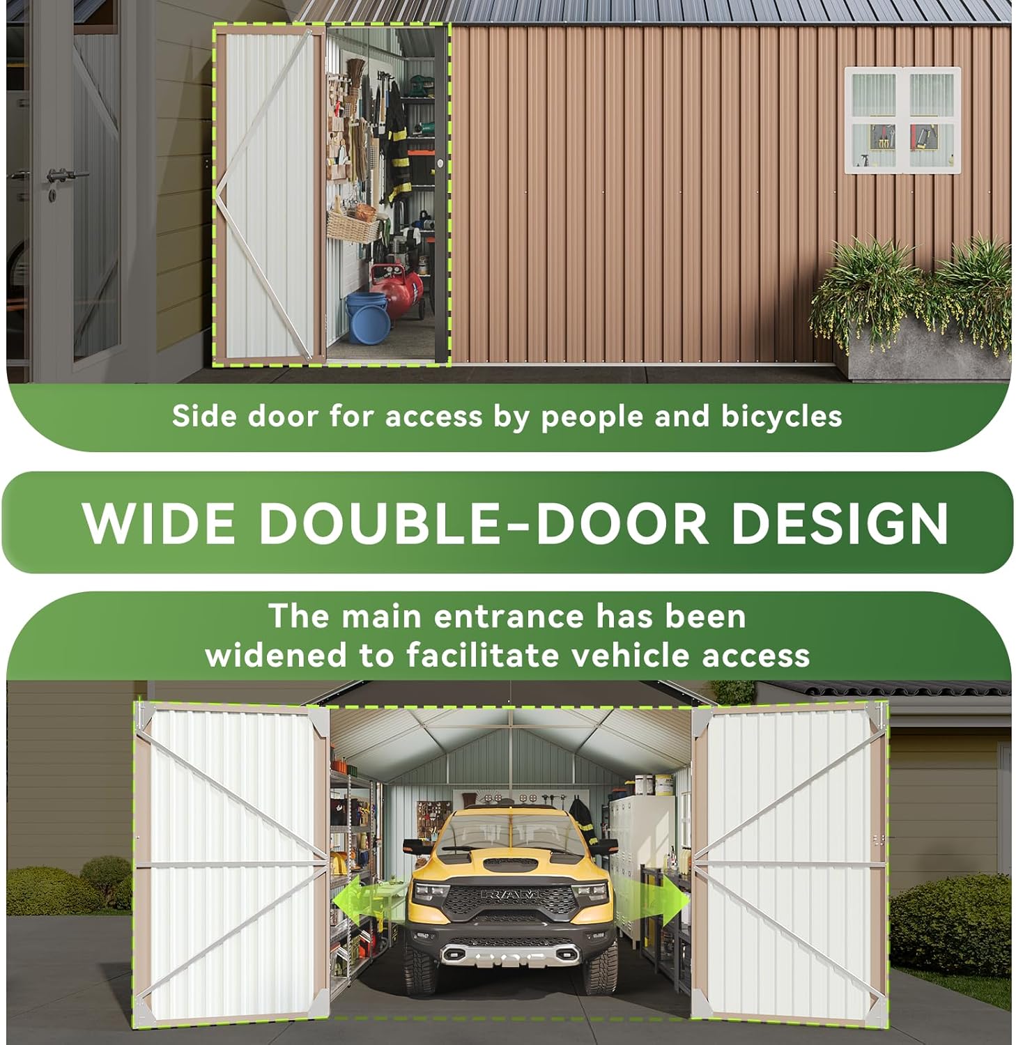 Aoxun 12x20x9.3 FT Metal Storage Shed Outdoor Large Garage Shed Carport with Double Doors,Side Door & Windows, Heavy Duty Garden Tool Shed All-Weather Outdoor Building for Vehicles & Sundries(Brown)
