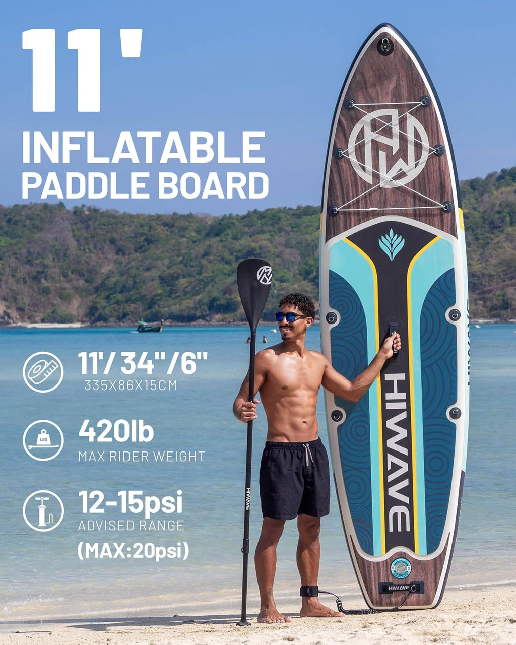 Hiwave Inflatable Paddle Board 11 '* 34 '* 6' Extra Wide Sup Board, 420lb Capacity Paddle Board for Adults, Suitable for Sea and Lakes, 2+1Family Board