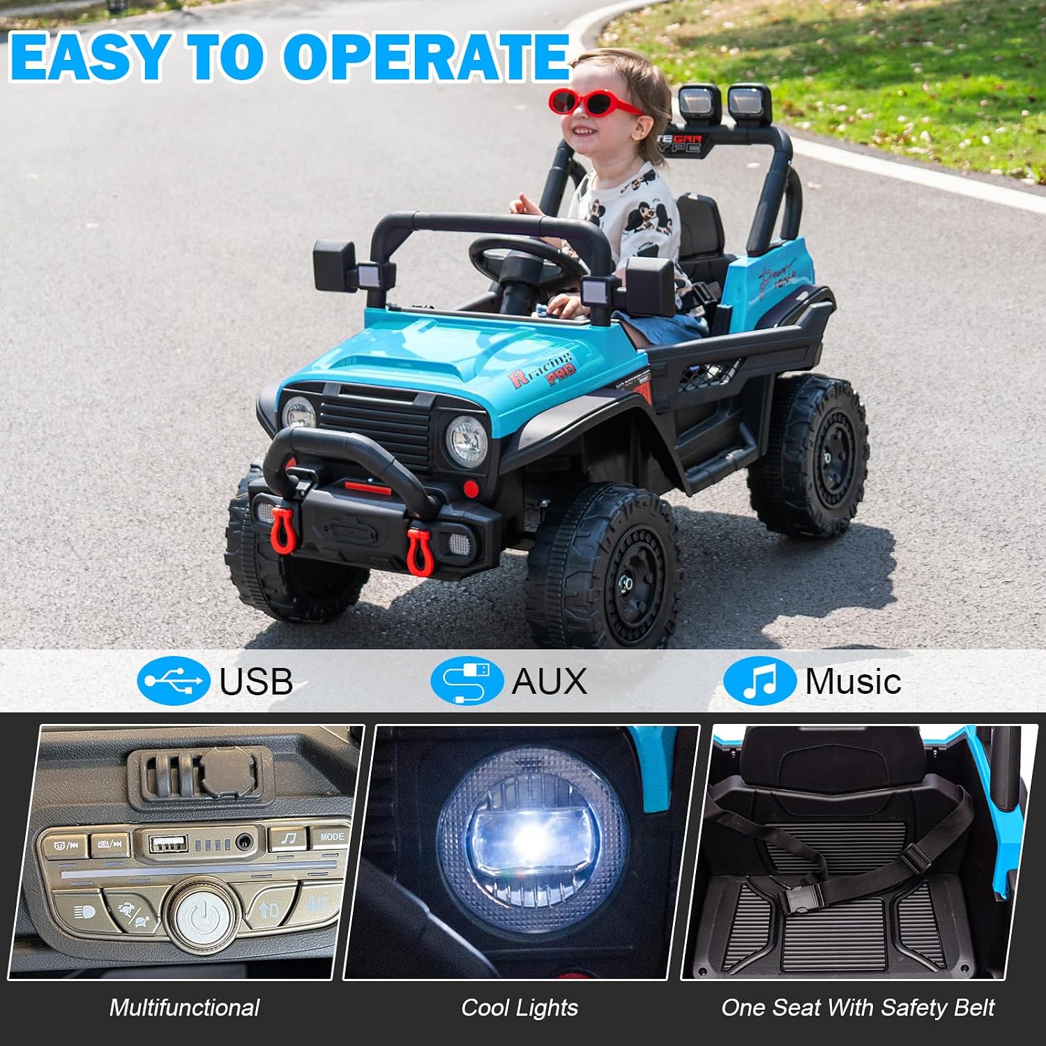 RunFast 24v Kids Ride on Car with Parent Remote Control,Electric Ride on Toys for Kids 3-5,3.7mph Max Speed,Battery Powered,Large Seat with Safety Belt,Aux Port,Gift for Boy&Girl(Blue, 24V)