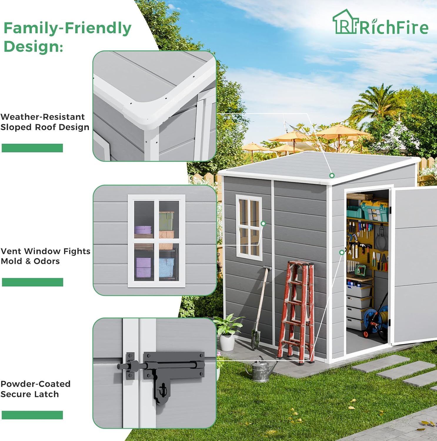 5x4 FT Plastic Outdoor Storage Sheds with Floor and Lockable Door, Compact Resin Outdoor Storage Cabinet Waterproof, Garden Shed/Tool Shed for Backyard, Patio, Grey