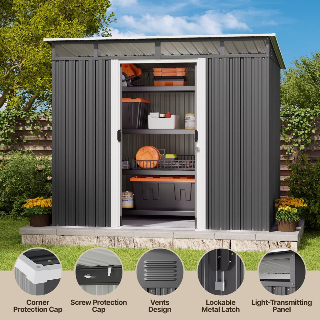 Gizoon 7.4'x5.3' Outdoor Storage Shed Metal Garden Shed with Sliding Lockable Doors, Versatile Tool Bike Shed with Transparent Panel Windows, Outdoor Storage Clearance for Backyard, Patio, Dark Gray
