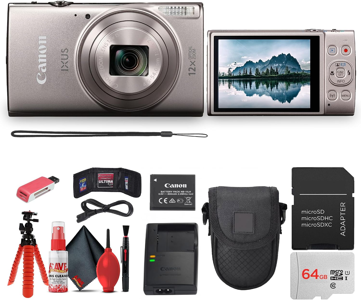 Canon PowerShot IXUS 285 HS A Digital Camera (Silver) 12x Optical Zoom Wi-Fi Enabled Point & Shoot with 64GB Card, Case, Flex Tripod, Cleaning Kit + More