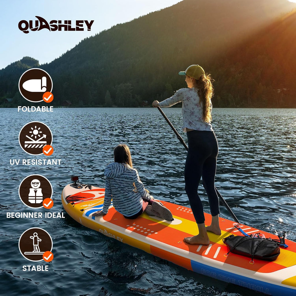 Quashley Inflatable Paddle Board Extra Wide Stand Up Paddleboards 11'×34' with All Premium Paddle Board Accessories,Inflatable SUP for Adults/Family,Beginner-Friendly,Removable Fin,Hand Pump