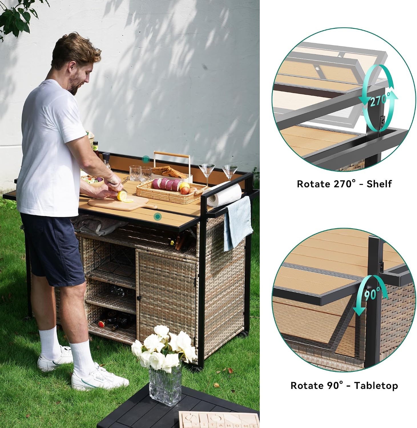 YITAHOME XL Outdoor Kitchen Wicker Island Rolling Cart Bar Table & Storage Cabinet, Wheels and Plastic Wood Extended Table Top, Double Handle for Patio Kitchen or Bar Cart,Light Yellow Gradient