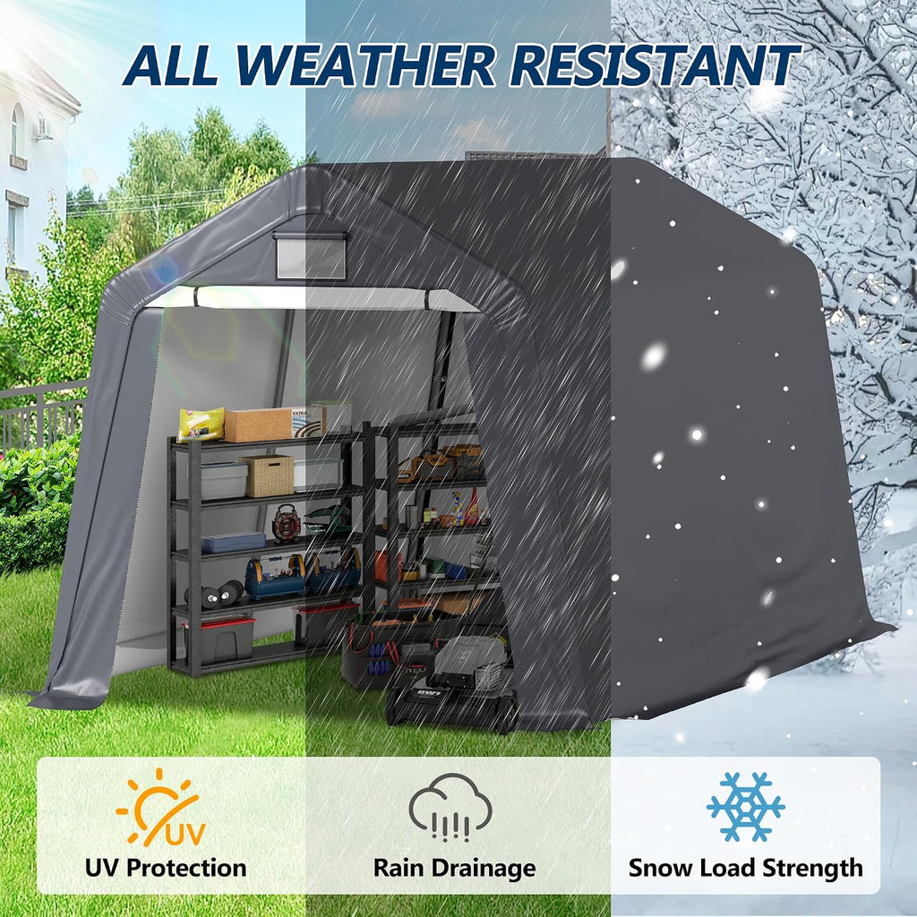 COVERONICS 8' x 14' Outdoor Storage Shed - Heavy Duty Portable Shelter Carport with Ventilation Windows and Roll-up Doors, Storage Shelter Tent for Motorcycle, Bike, Lawnmower and Garden Tools, Grey