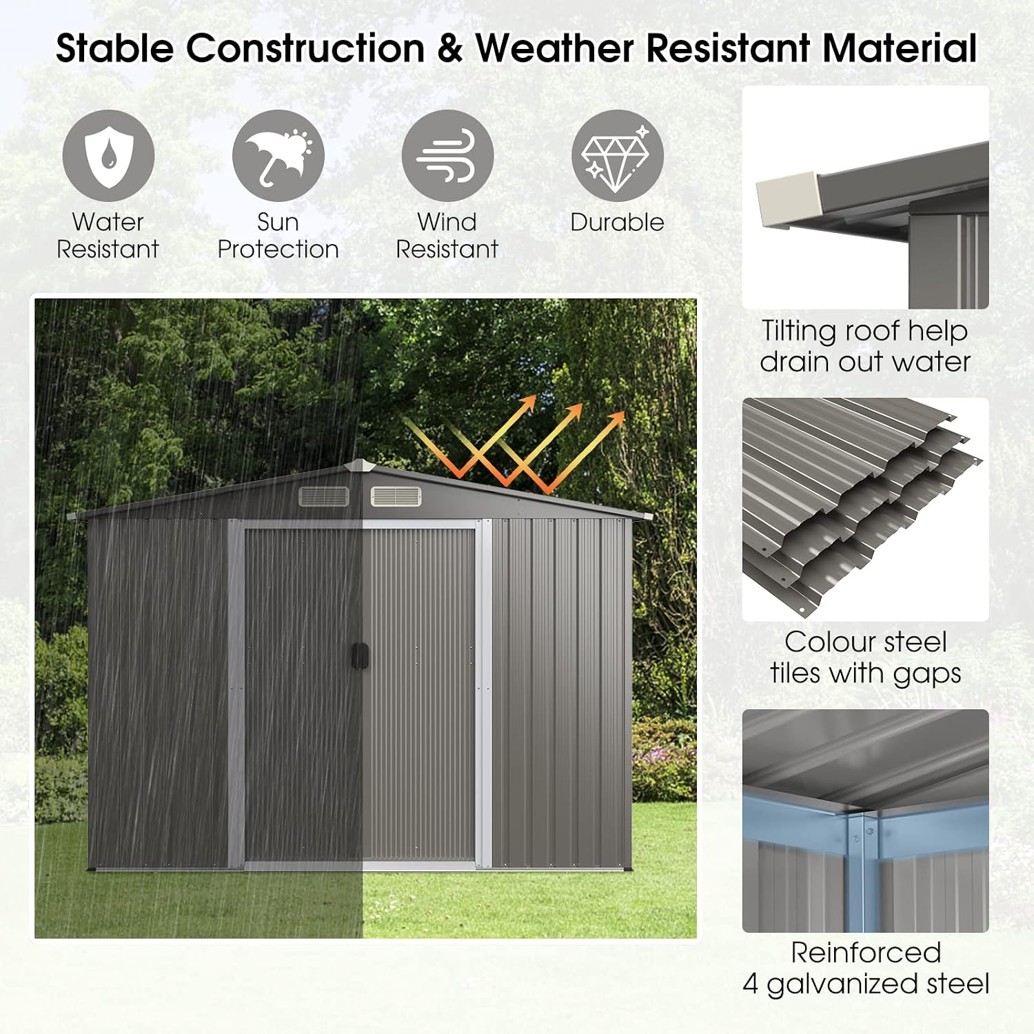 Goplus Outdoor Storage Shed, 8.5' x 6.8' x 6' Weather-Resistant Utility Tool Organizer w/Foundation, 4 Louvers, Double Doors & Ramp, Galvanized Steel Tool Shed for Garden, Lawn, Yard